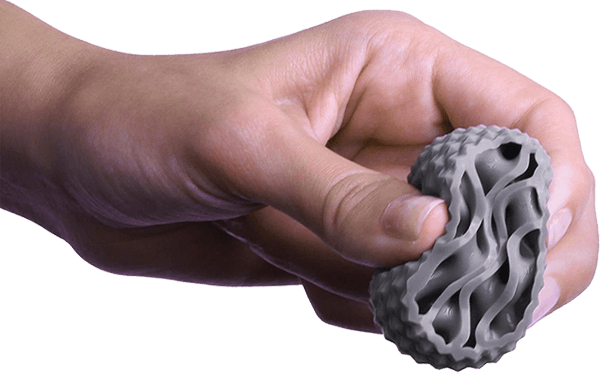 3D-printad detalj i äkta silikon – komplex intern geometri med flexibel och elastisk funktion möjliggjord med P3/DLP-teknik